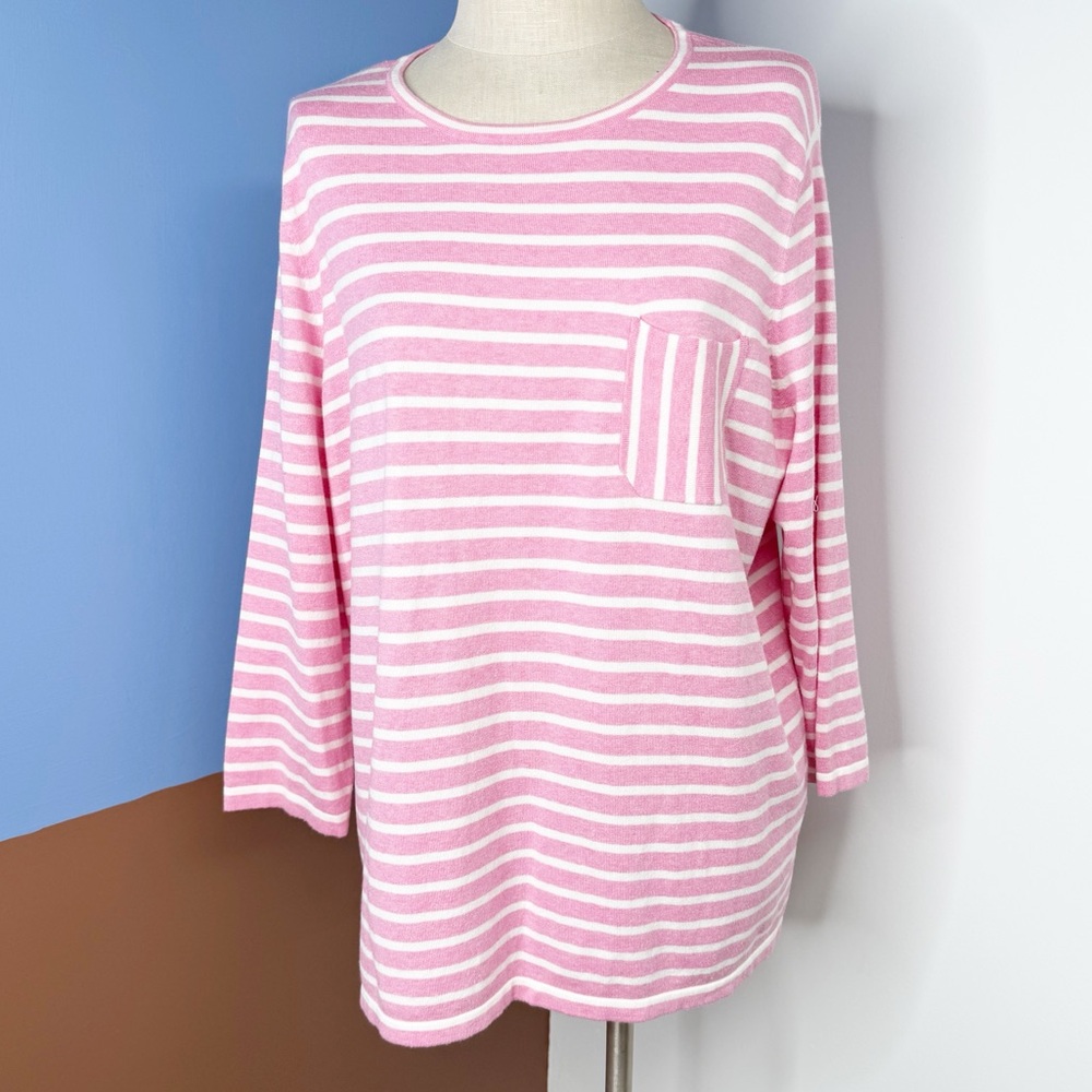 J. McLaughlin‎ pink white Stripe Cotton Modal Blend Pocket Sweater XXL